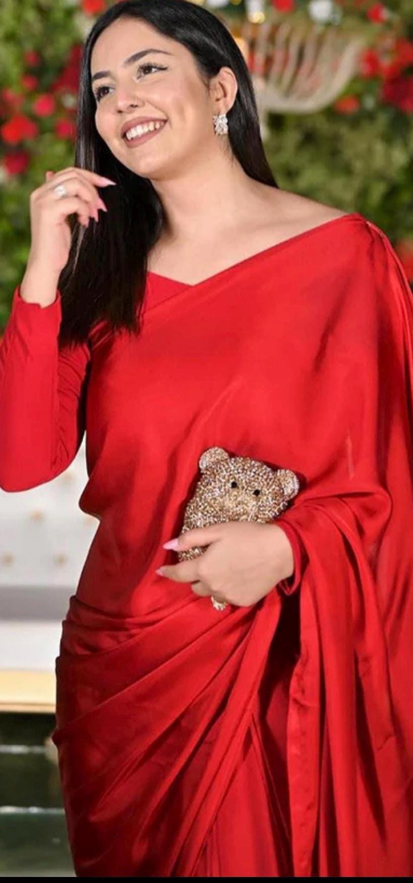 Red Silk Saree, Stitched Indian Designer Sequin Sari