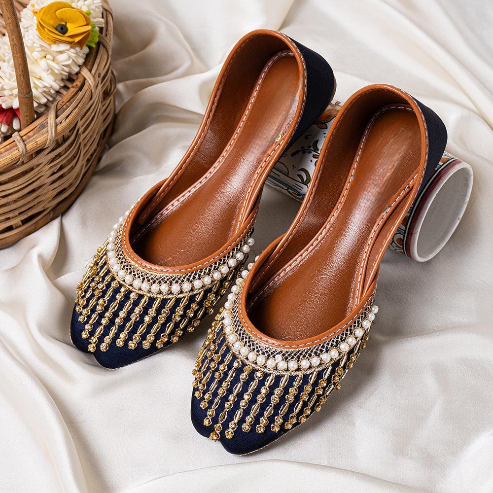 Handmade Blue Velvet Jutti: Pearl & Sequins, Punjabi Flats