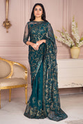 Teal green net Sequin Embroidered Saree with Blouse