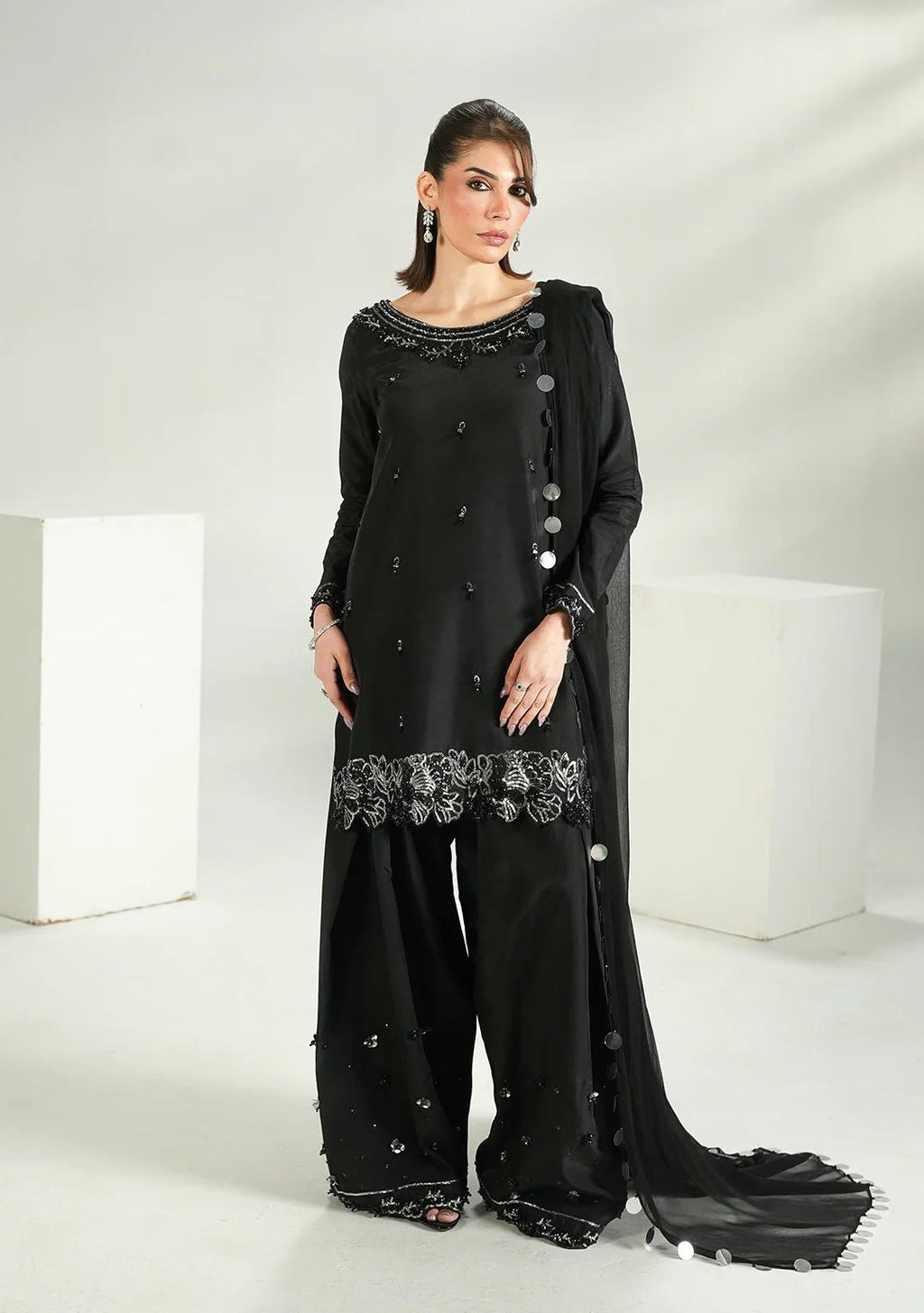 Embroidered Black Silk Farshi Shalwar Kameez: Indian Wedding Outfit with Chiffon Dupatta