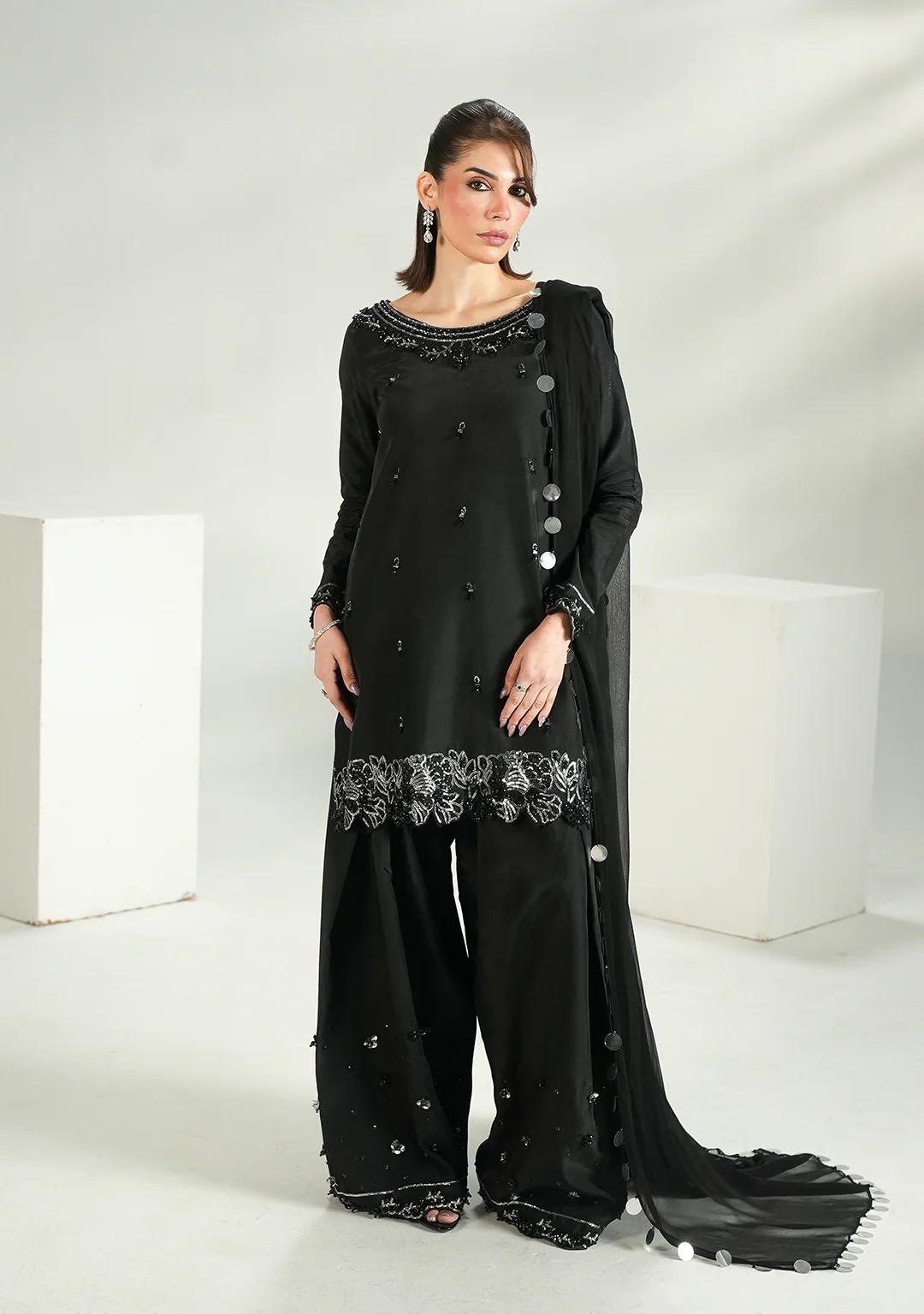 Embroidered Black Silk Farshi Shalwar Kameez: Indian Wedding Outfit with Chiffon Dupatta
