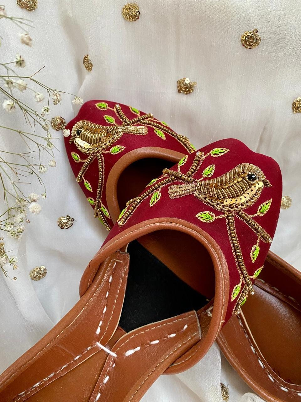 Handmade Red Bridal Khussa: Embroidered Bird Jutti Shoes