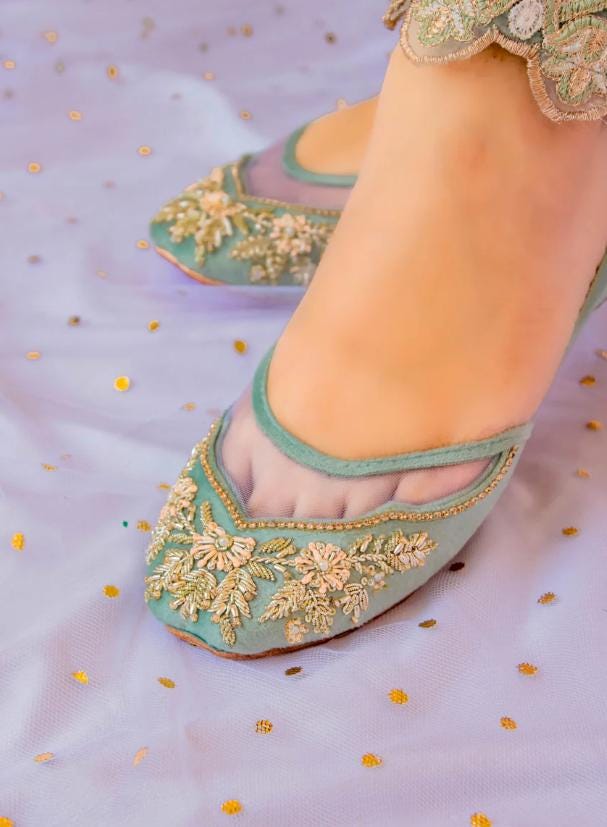 Handmade Velvet Jutti Flats: Mint Blue Wedding Shoes