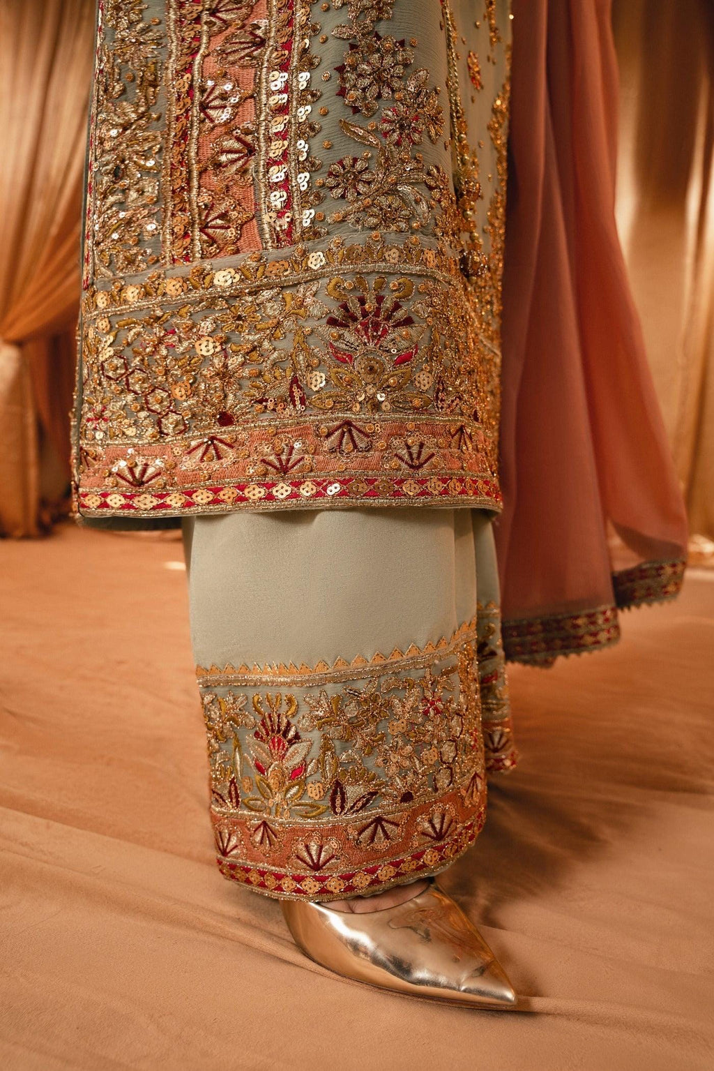 Embroidered Chiffon Kurta Set: Green Raw Silk Trouser, Wedding Dress