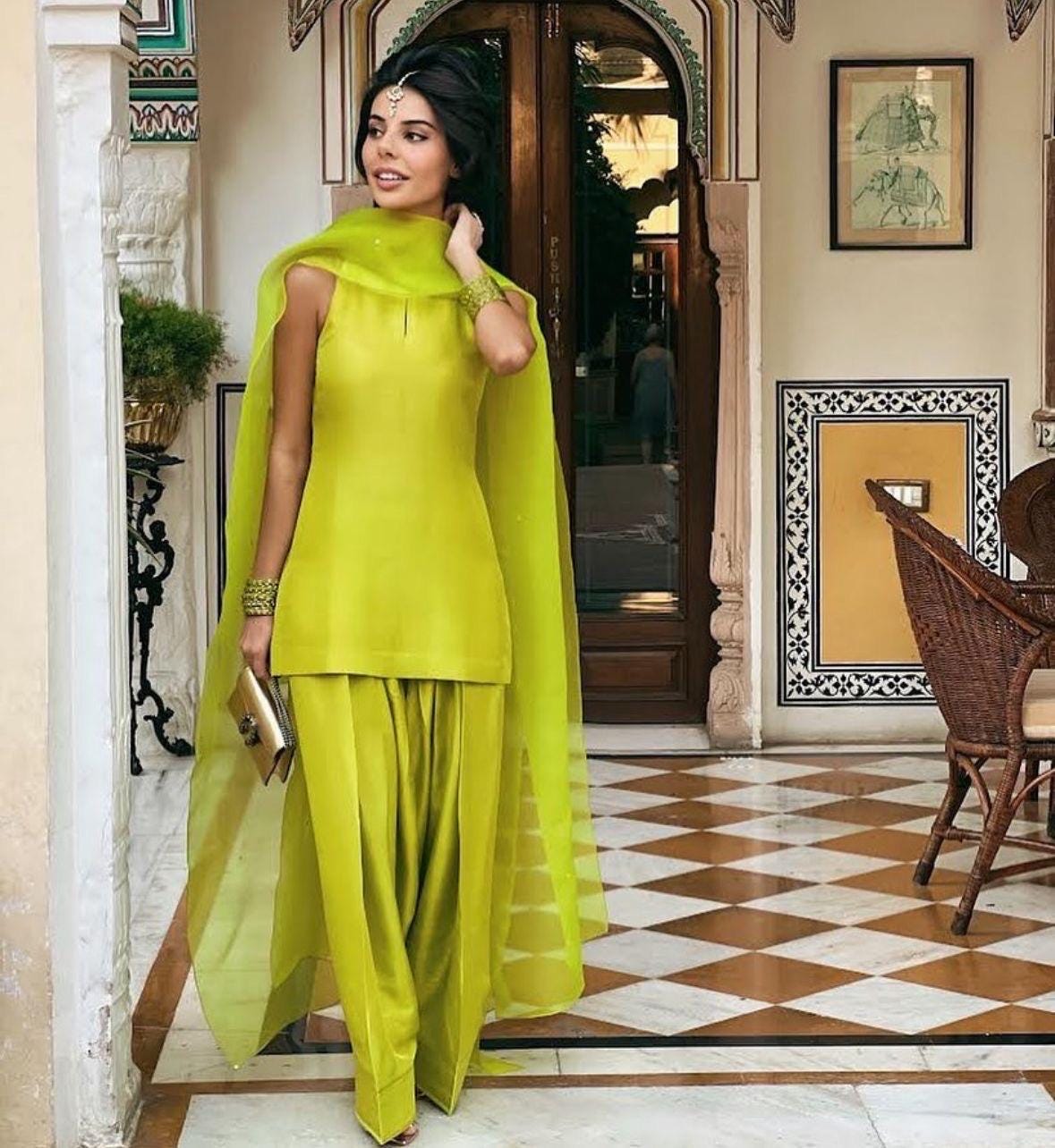 Raw Silk Farshi Shalwar Suit: 3-Piece Indian Dress