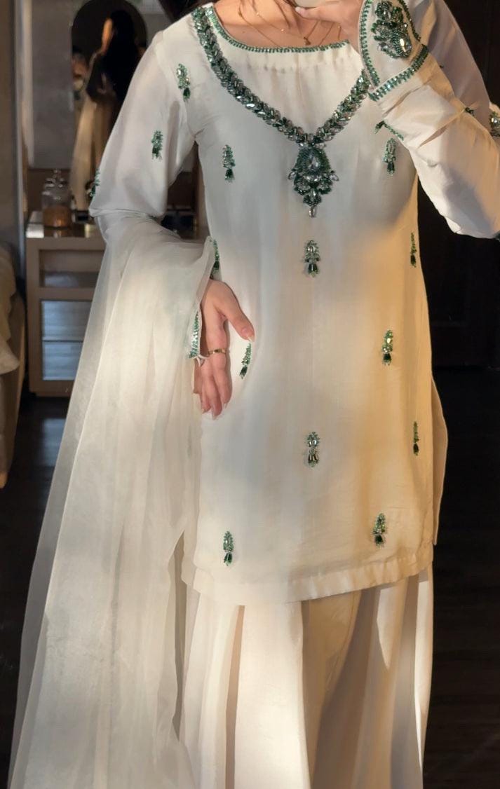 Embroidered White Silk Farshi Shalwar Kameez: Pakistani Party Suit