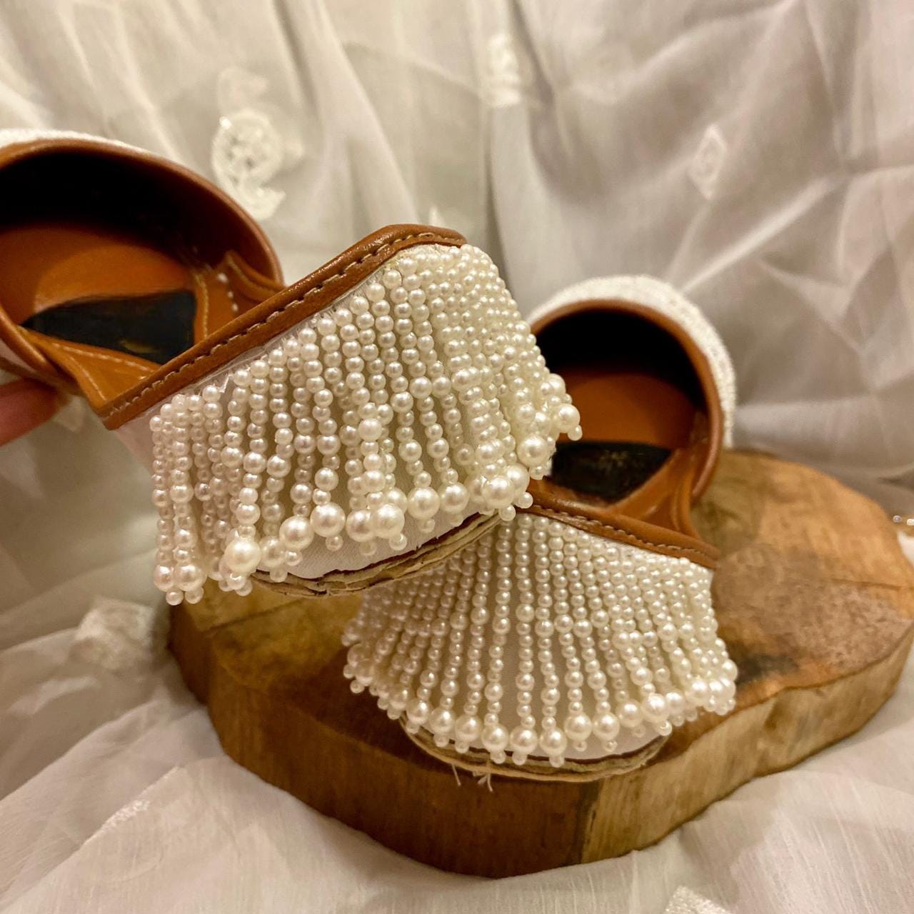 Handmade Beaded Bridal Jutti Flats, White Pearl Wedding Shoes