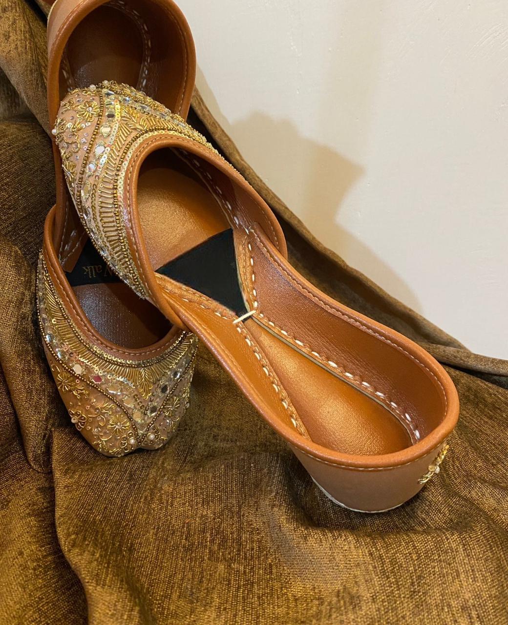 Handmade Gold Silk Jutti, Beaded & Sequined Punjabi Flats