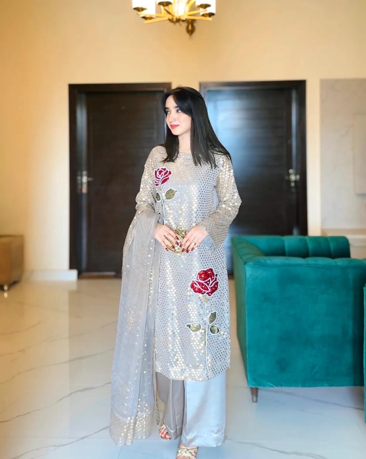 Grey Sequin Salwar Kameez Suit, Indian Wedding Dress