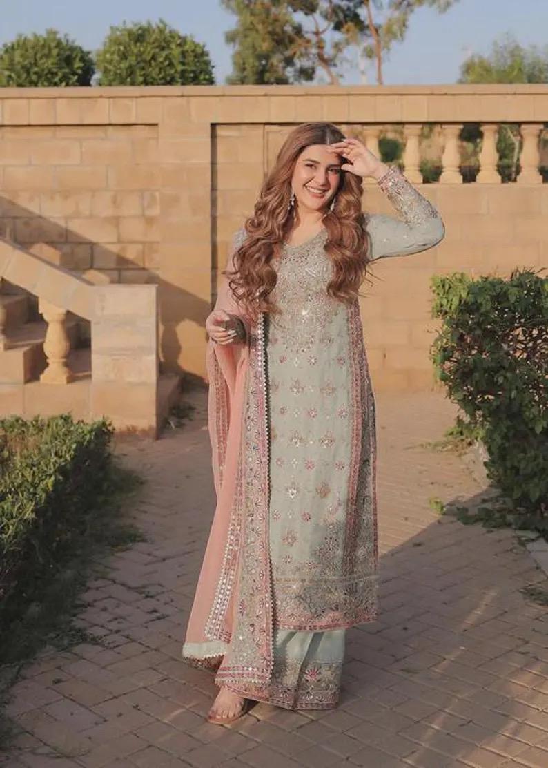 Embroidered Chiffon Kurta Set: Green Raw Silk Trouser, Wedding Dress