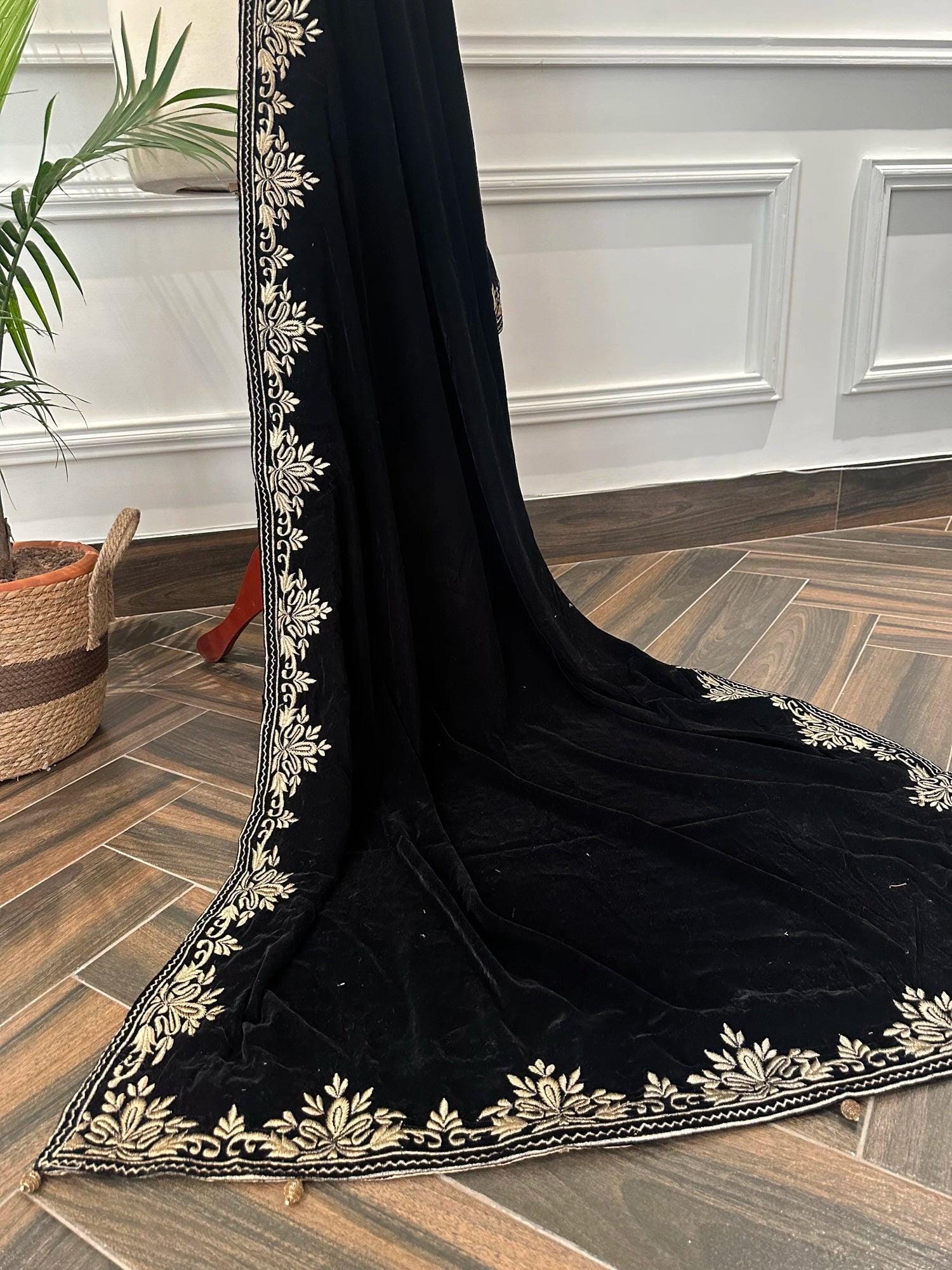 Black Velvet Indian Shawl | Silver Tila Embroidery, Wedding Wrap