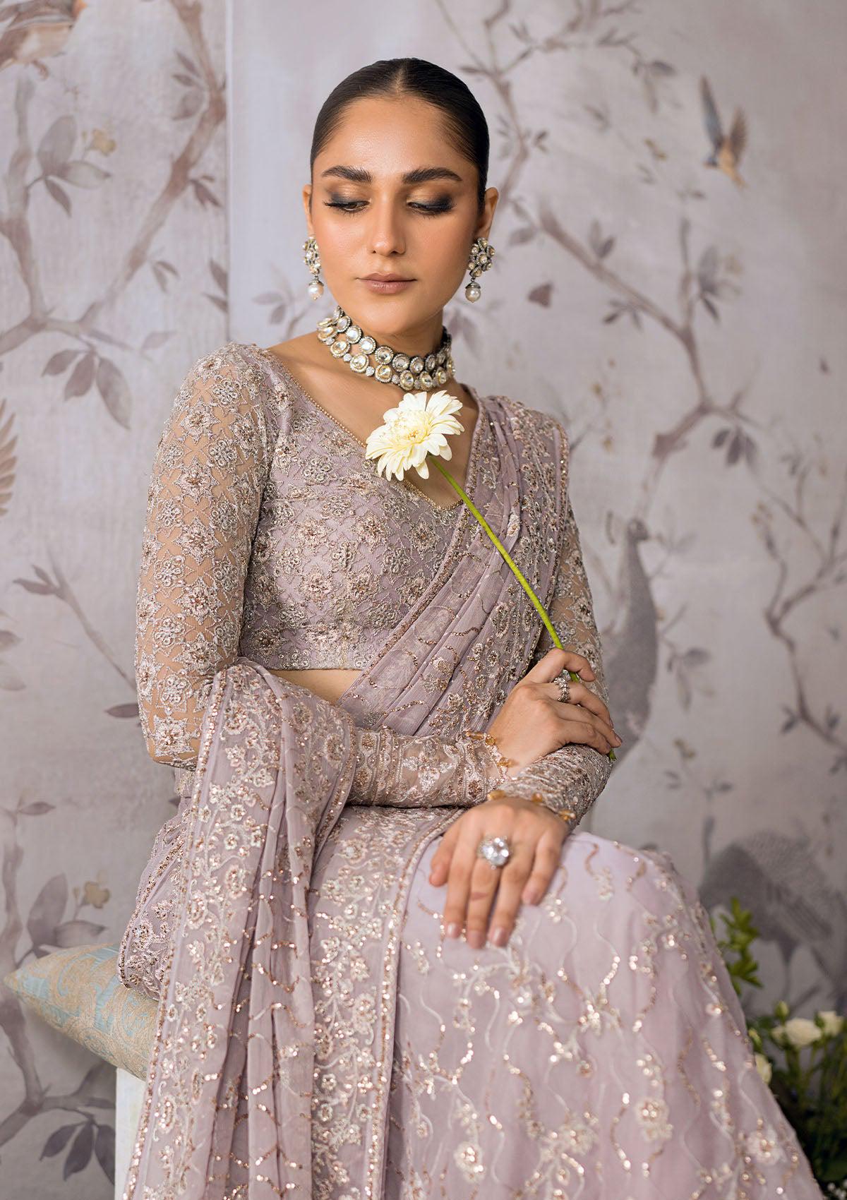 Lilac Chiffon Saree: Silver Tilla Thread, Sequins Embroidery