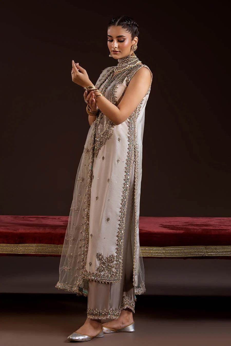 Ivory Glass Silk Farshi Shalwar Kameez with Net Dupatta