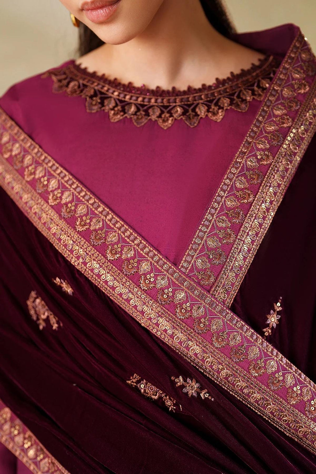 Maroon Velvet Shawl, Sequins Embroidered, Bridal Gift