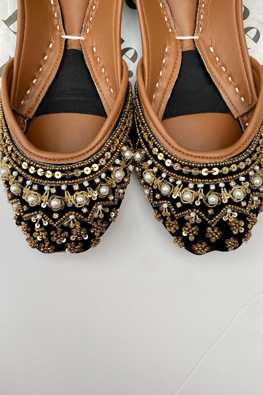 Black & Gold Bridal Jutti Flats: Handmade Pakistani Wedding Shoes