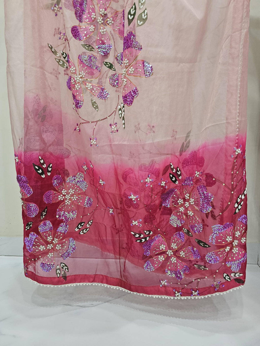 Hand-Painted Floral Organza Dupatta: Pink Tie-Dye, Festive Wear