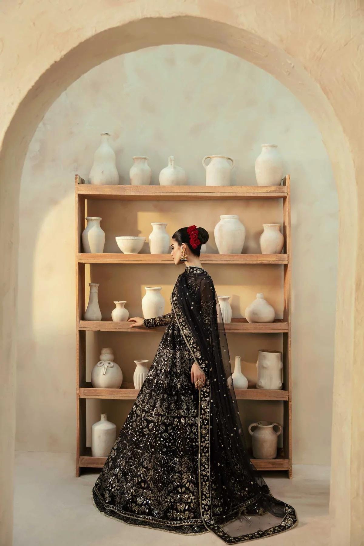 Black Sequin Pakistani Wedding Dress: Hand-Embroidered Bridal Gown