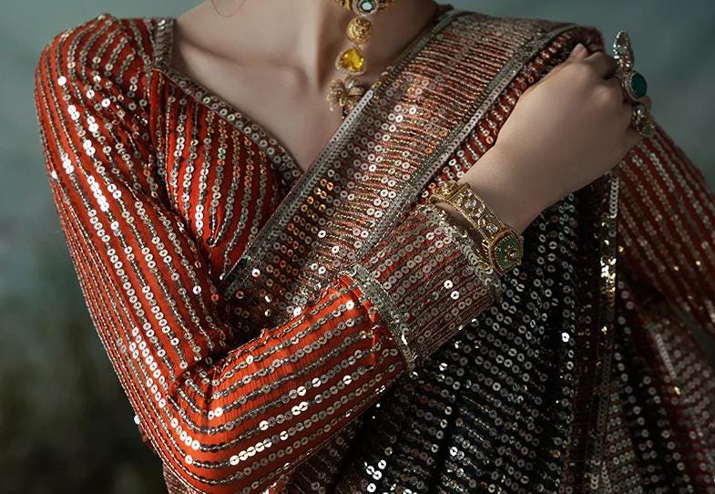 Black and orange Sequin Saree with Embroidered Blouse: Indian Party Wear