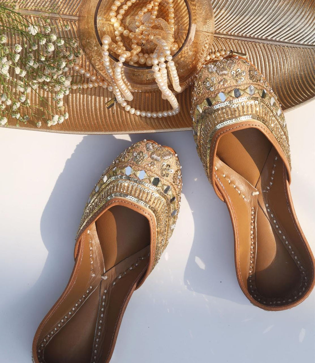 Handcrafted Mirror Gold Jutti: Indian Wedding Shoes