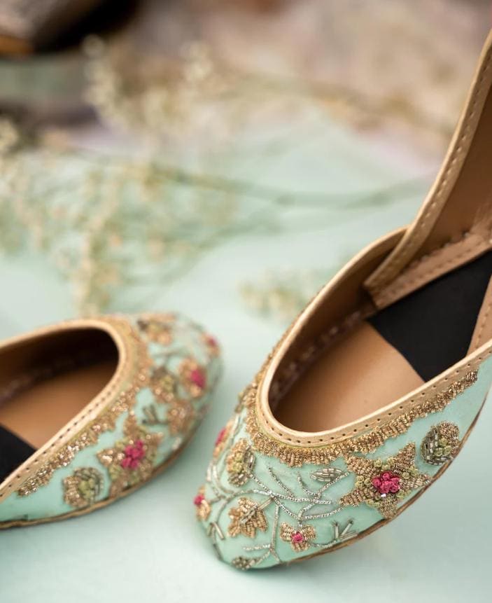 Handmade Silk Jutti: Pink & Mint Floral Khussa Mojari Flats