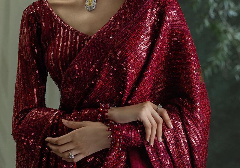 Maroon Sequin Saree with stitched Blouse: Indian saree, pakistani reception outfit