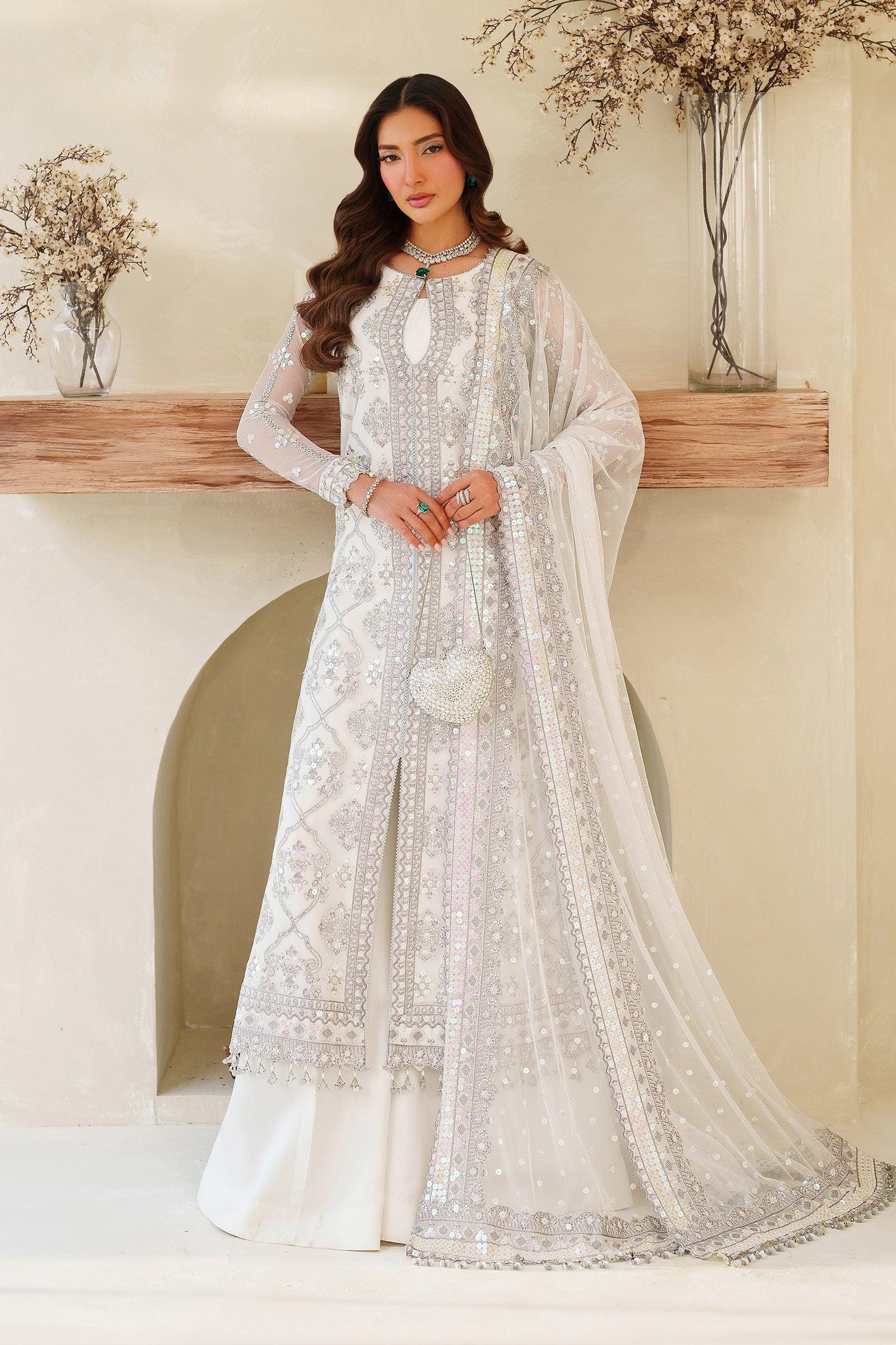 White Sequins Embroidered Pakistani Dress with Sharara