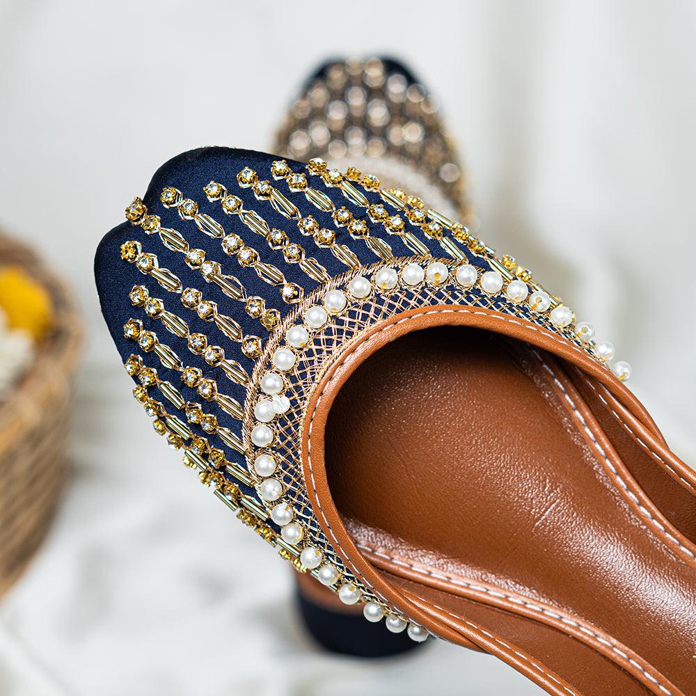 Handmade Blue Velvet Jutti: Pearl & Sequins, Punjabi Flats