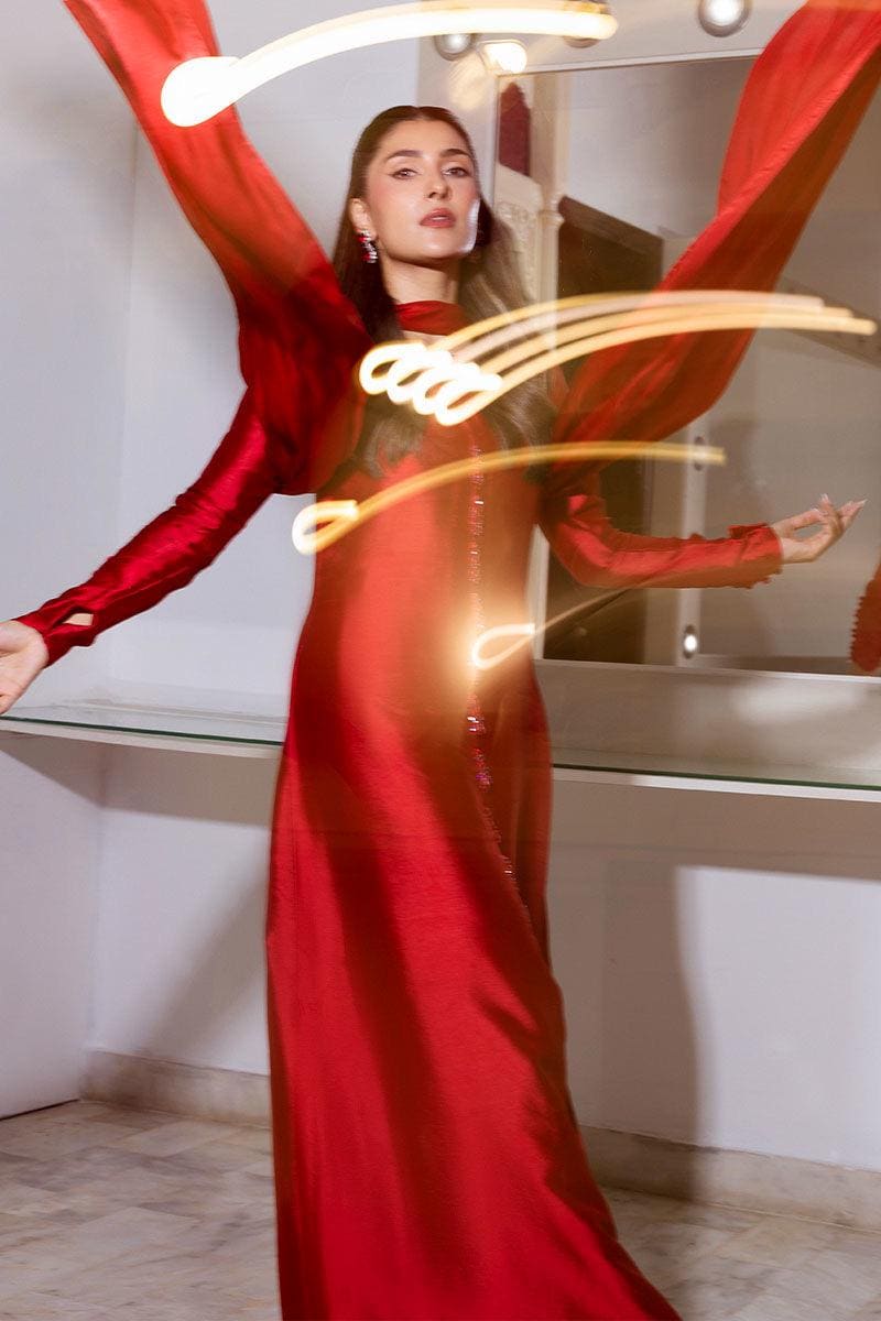 Cherry Red Silk Kameez Trouser Set, Pakistani Eid Dress