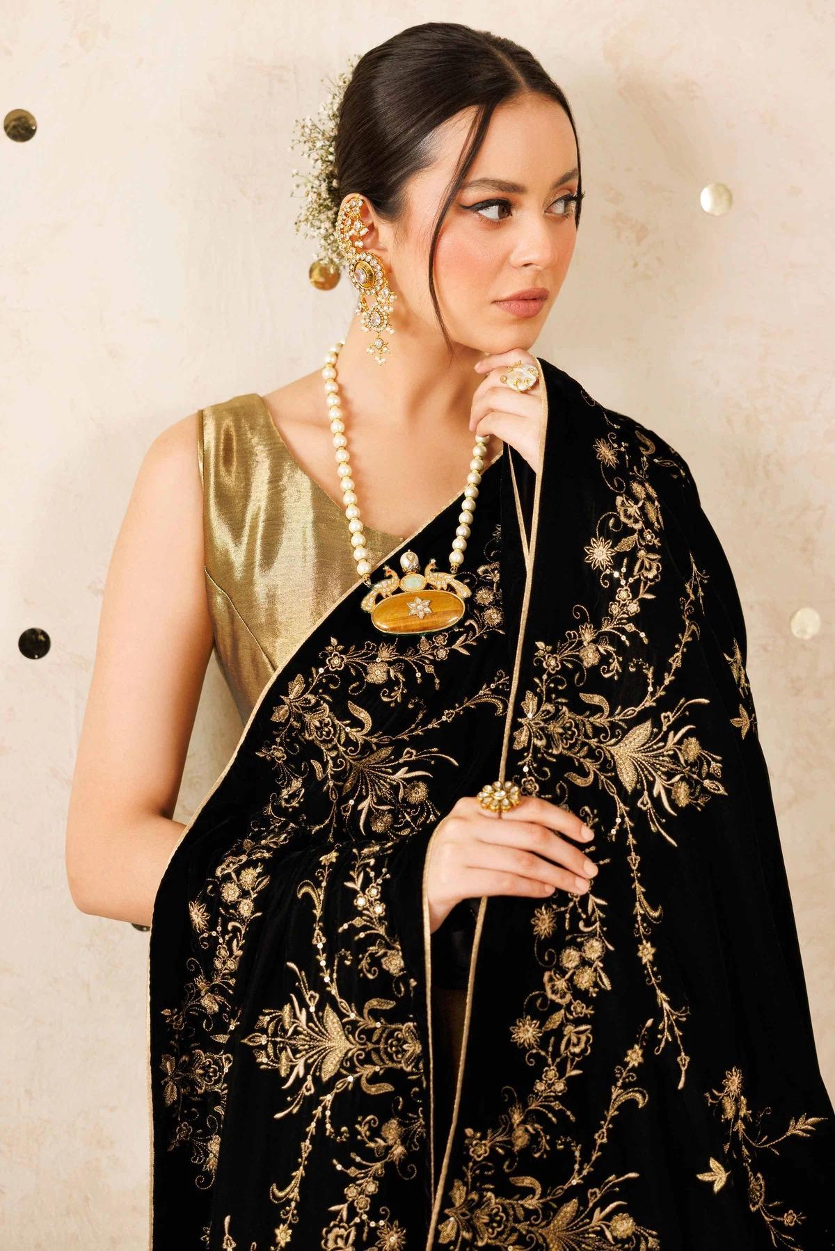 Black Velvet Shawl – Gold Sequins & Tila Embroidery, Formal Occasion