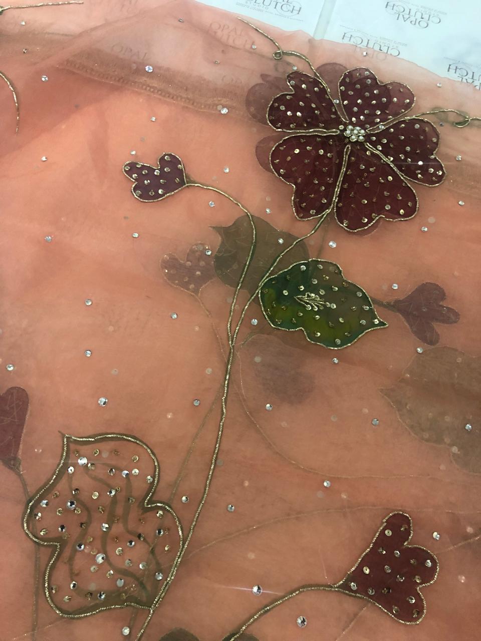 Hand-Painted Bridal Dupatta: Pink Floral, Hand-Embellished