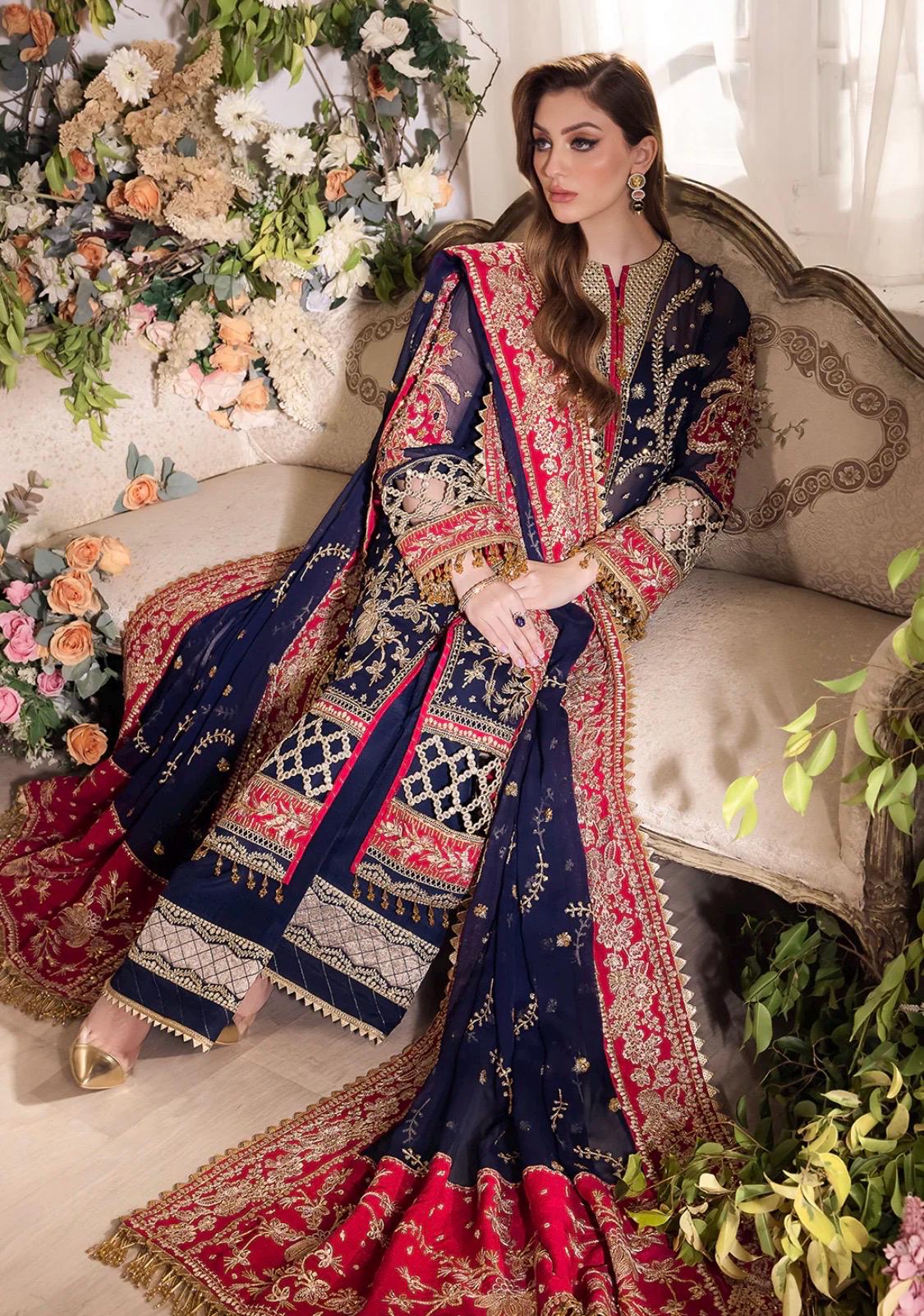 Blue Pakistani Bridal Guest Suit: Embroidered Chiffon 3pc Dress