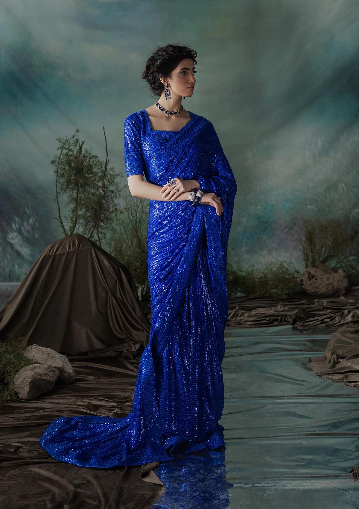 royal blue Sequin Saree with Blouse: Indian Party Wear