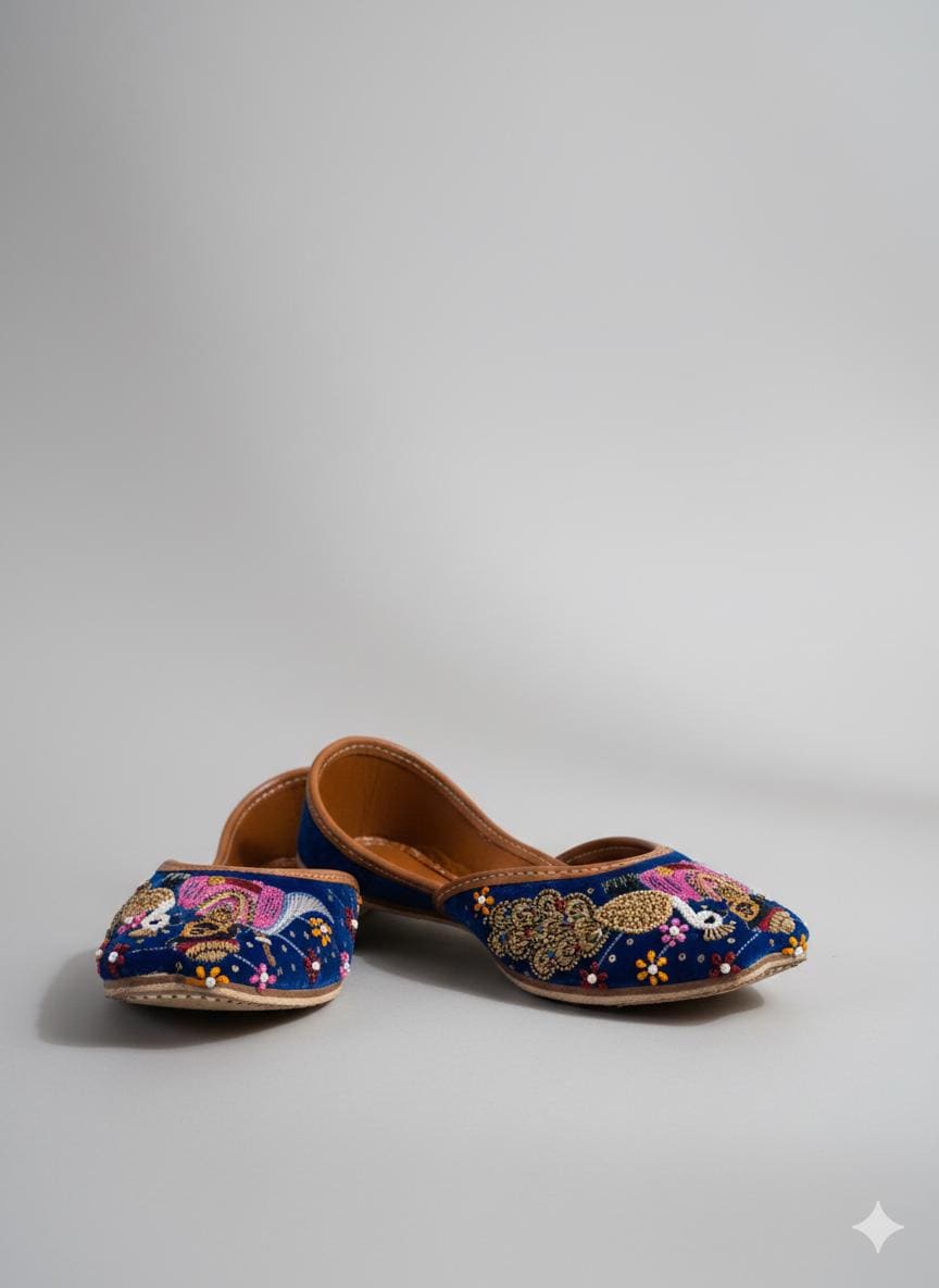 Handmade Muglai Blue Velvet Jutti Flats, Indian Wedding Shoes