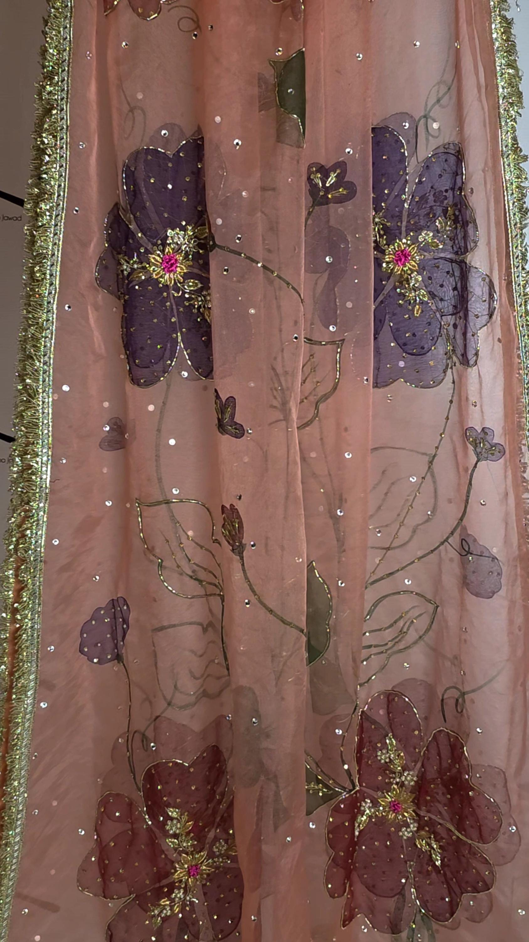 Hand-Painted Bridal Dupatta: Pink Floral, Hand-Embellished
