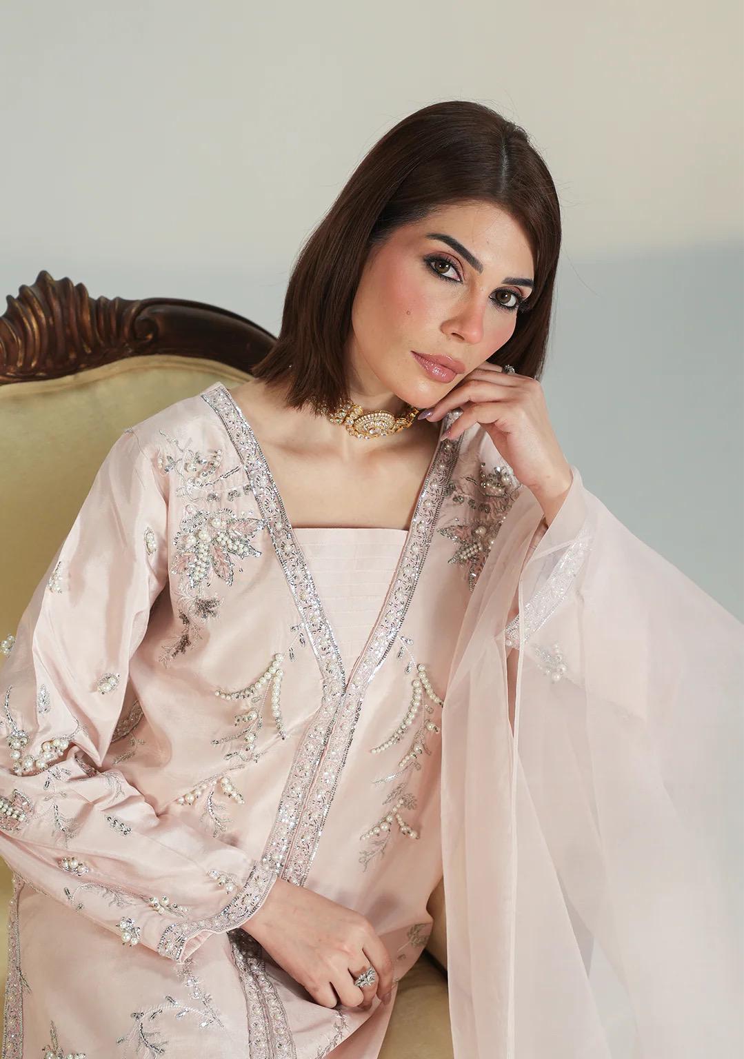 Powder Pink Silk 3pc facy Suit: Embroidered with handwork Pakistani Wedding and eid Outfit