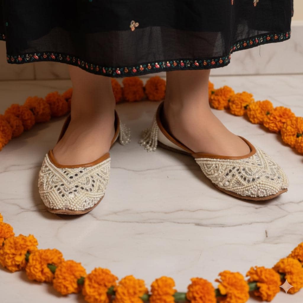 Handmade Beaded Bridal Jutti Flats, White Pearl Wedding Shoes