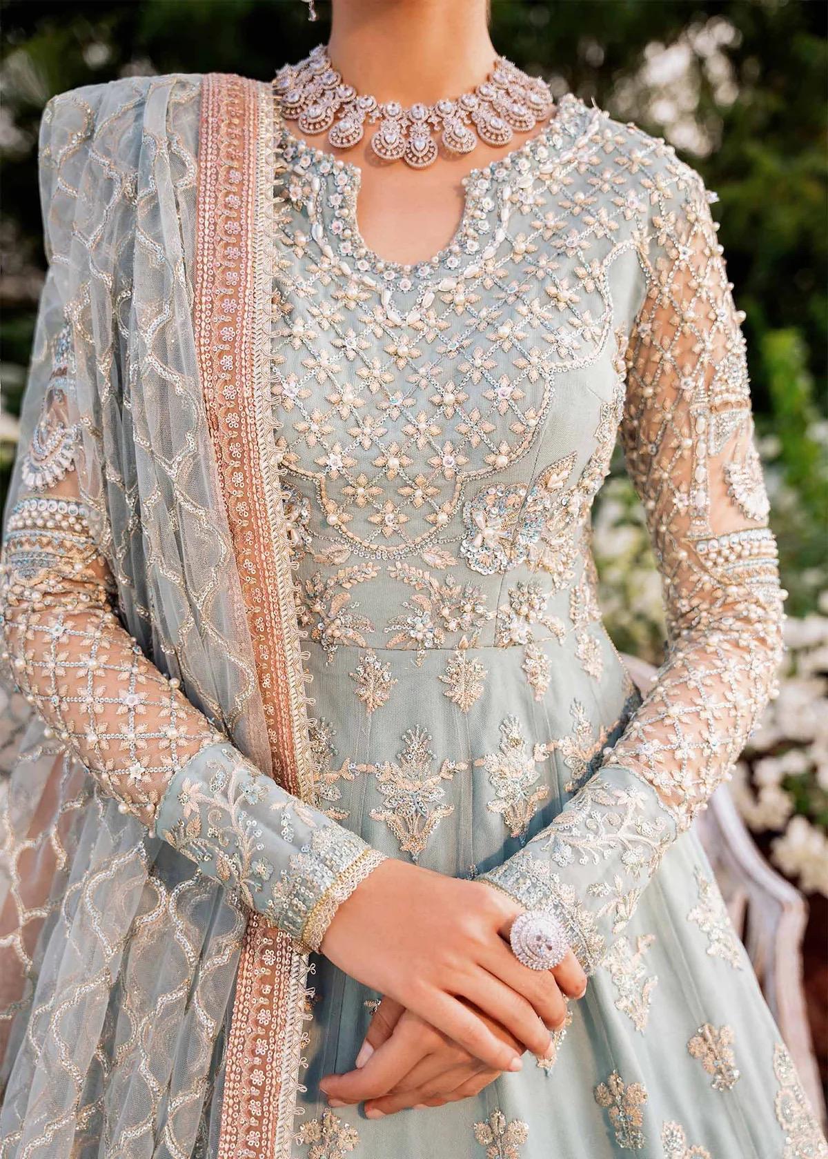 Ice Blue Embroidered Net Maxi Dress: Pakistani Wedding Outfit
