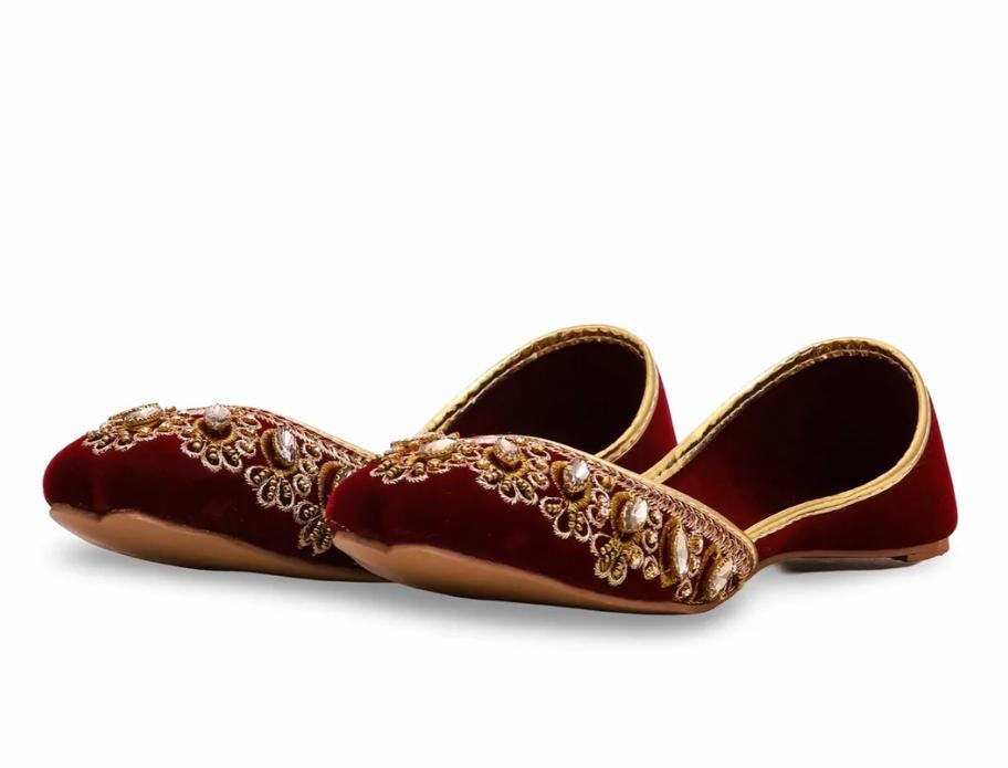 Maroon Embroidered Velvet Jutti: Indian Bridal Mojaris Khussa