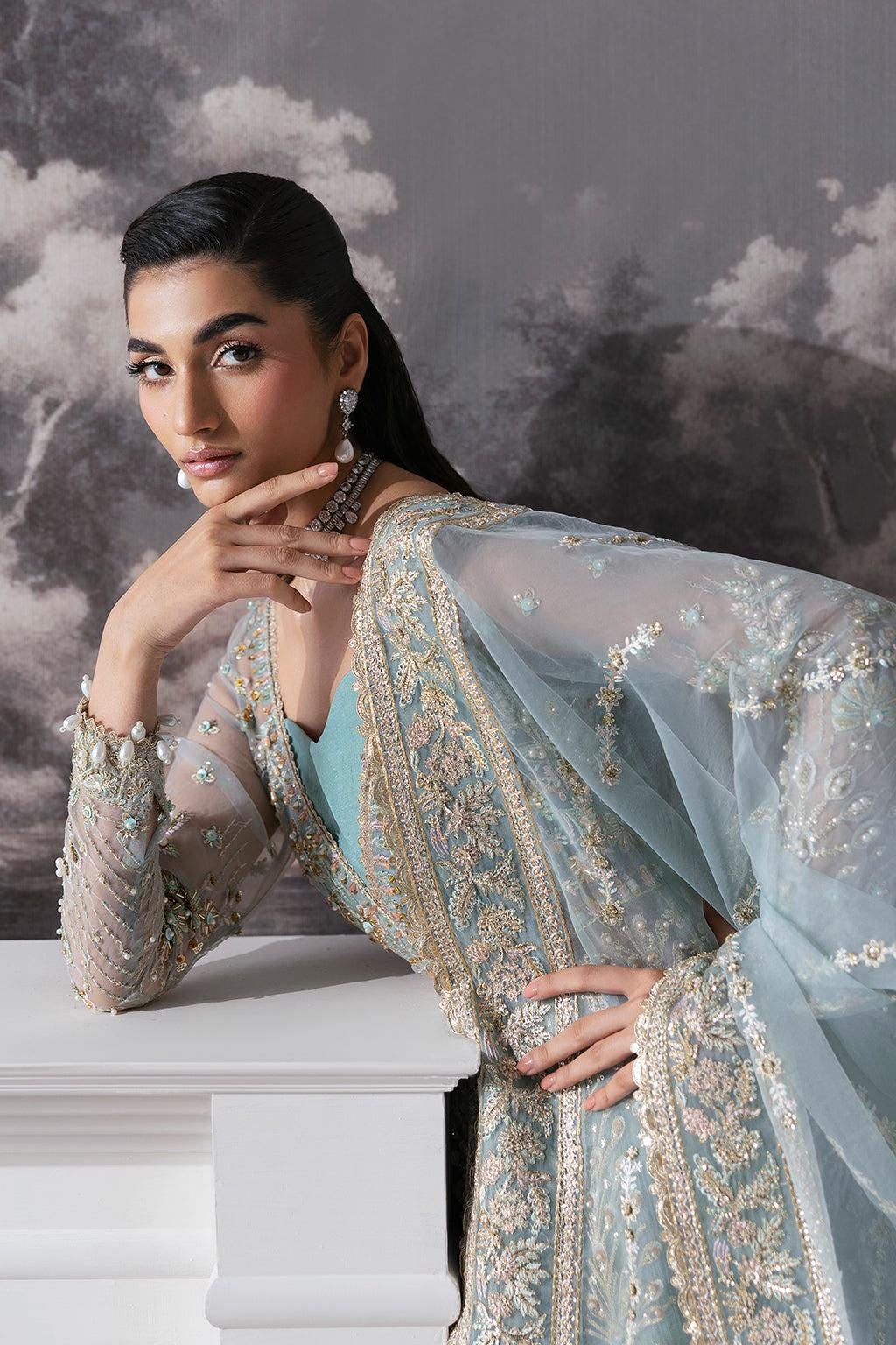 Sky Blue Velour Pakistani Wedding Dress: Embroidered Net Maxi Suit