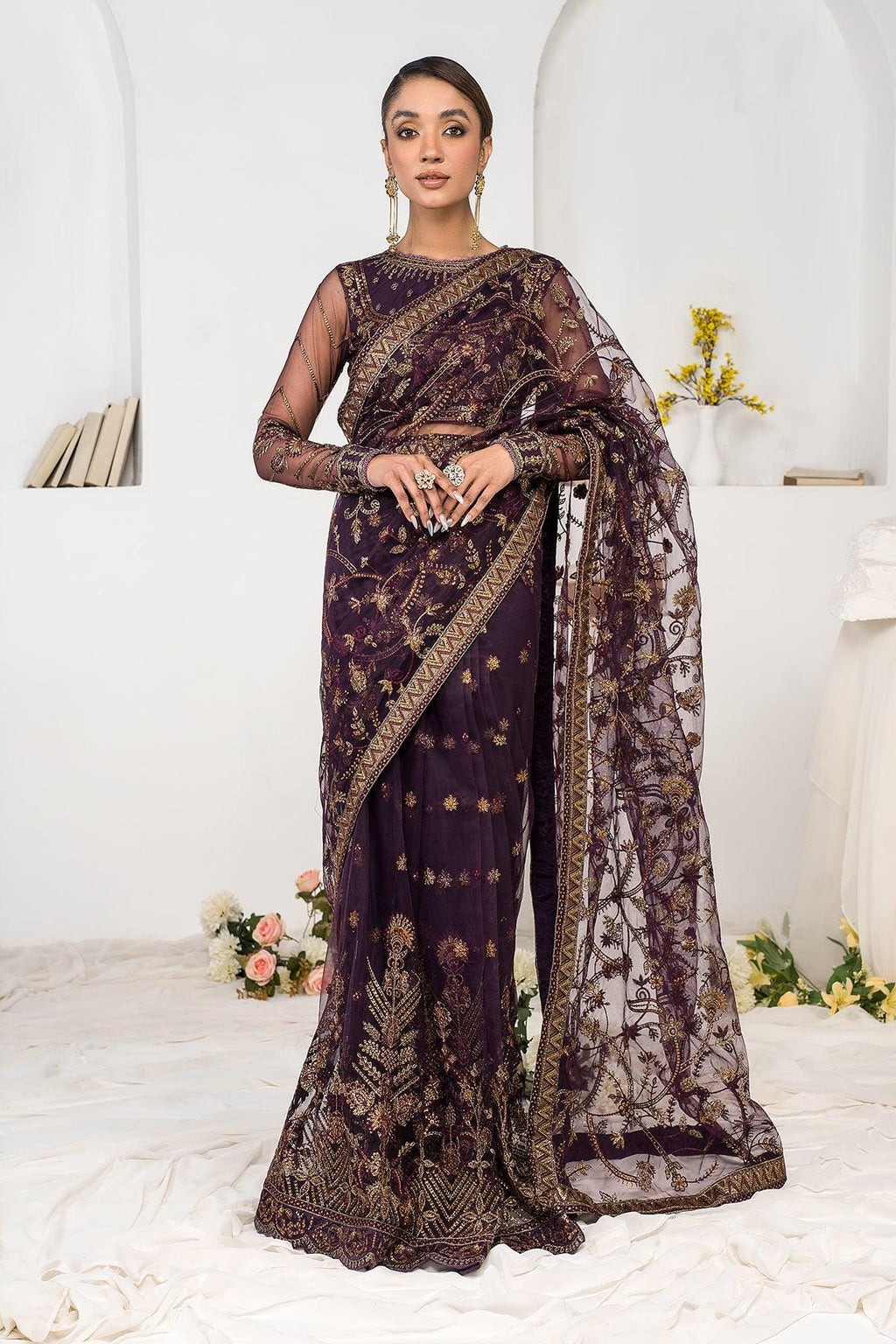 Plum indian fancy lace net Sequin Embroidered Saree with Blouse