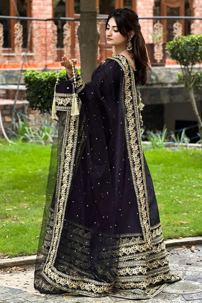 Black Silk Maxi Dress, Tilla Embroidery, Net Dupatta, Pakistani Indian