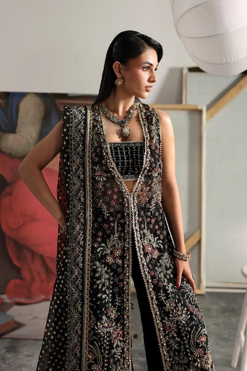 Embroidered Black Organza Pakistani Dress, Velvet Trouser 3pc Suit