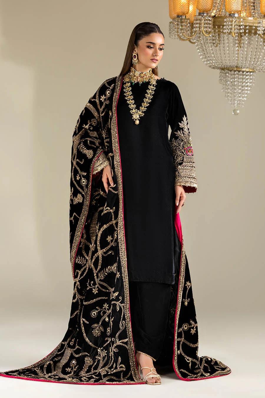 Gold Work Black Shawl, Embroidered Velvet Dupatta, Indian Wedding Wear