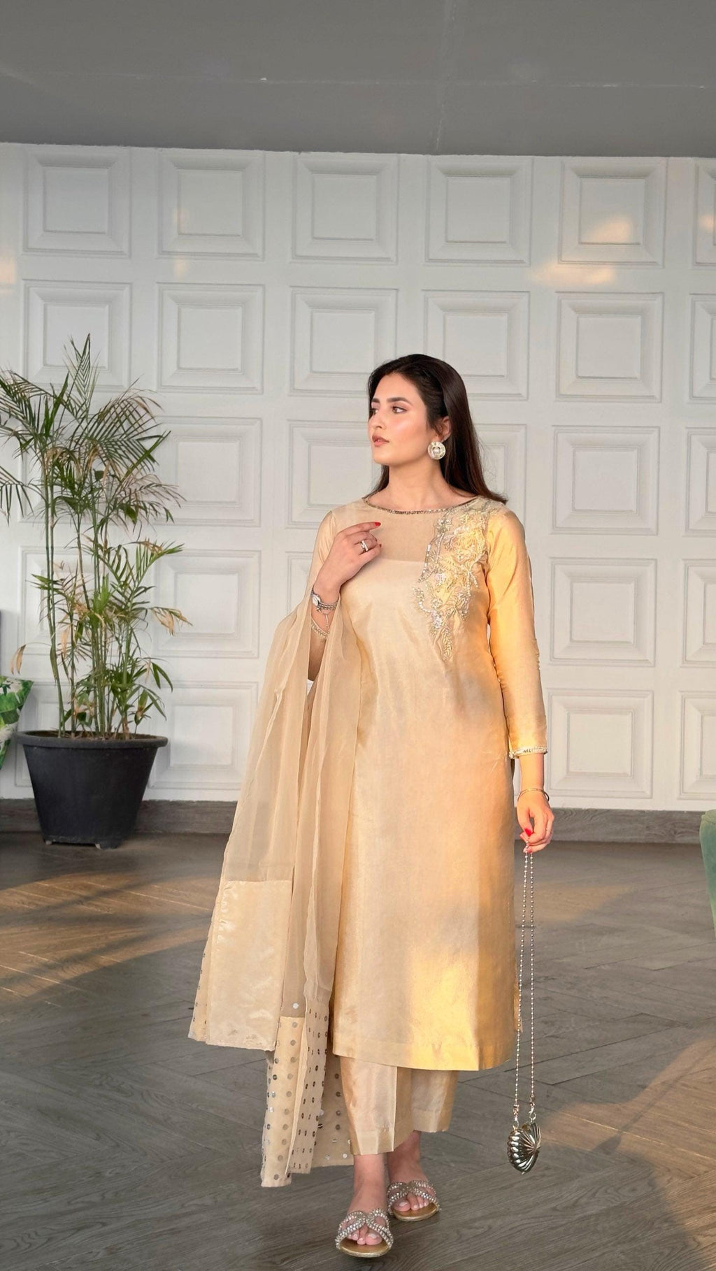 Ivory Silk Pakistani Dress: Silver Embroidery, Organza Dupatta