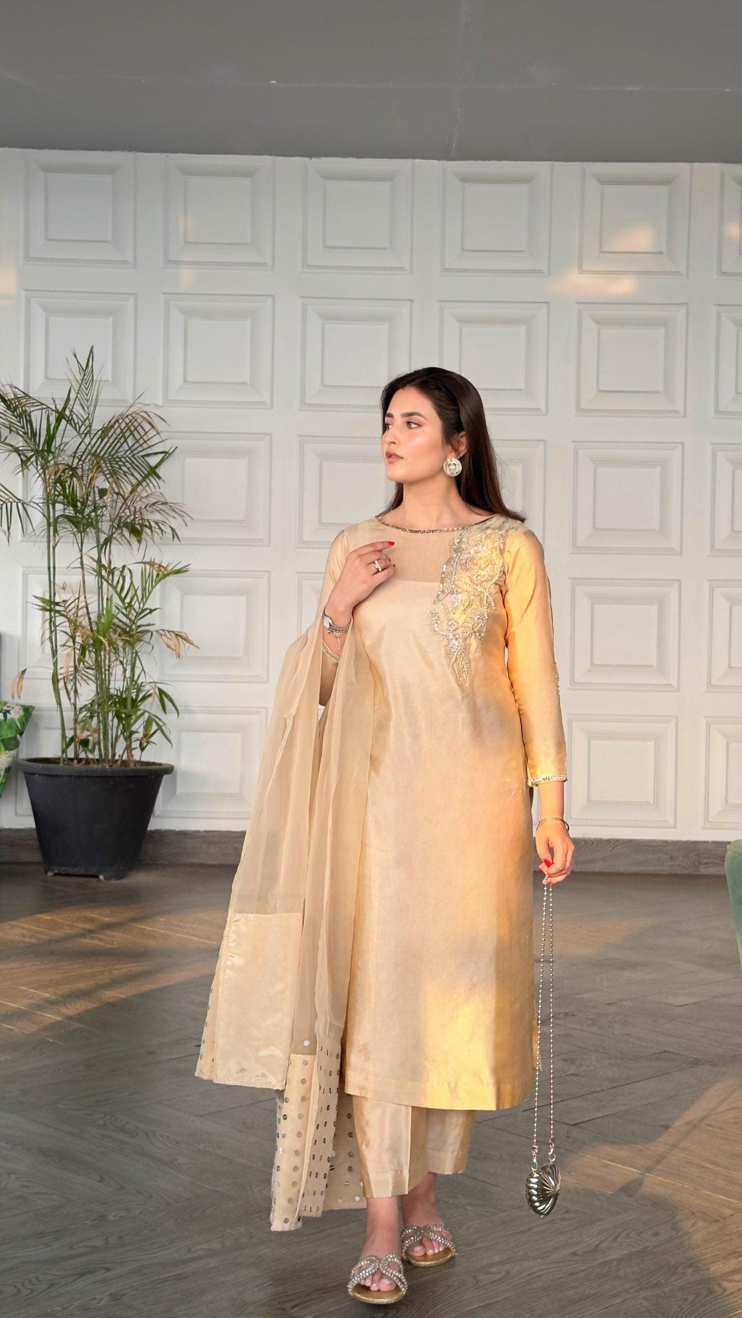 Ivory Silk Pakistani Dress: Silver Embroidery, Organza Dupatta