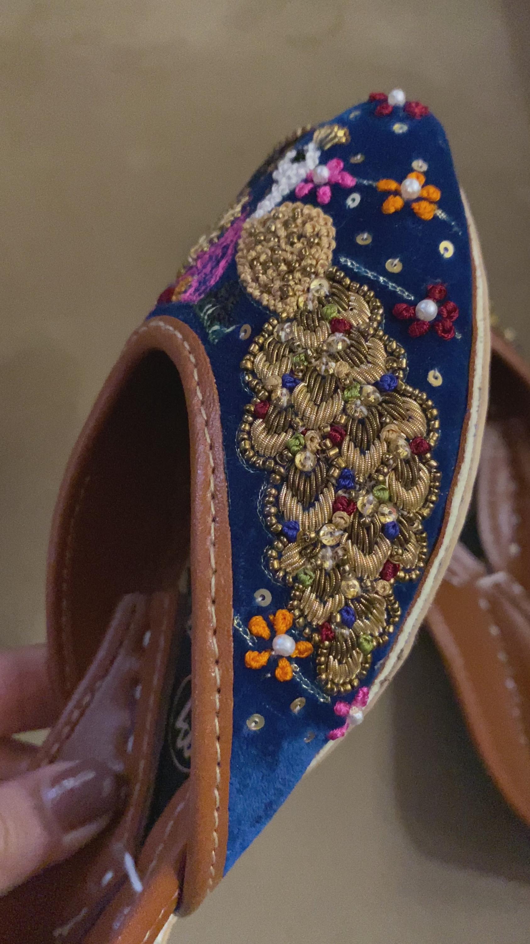 Handmade Muglai Blue Velvet Jutti Flats, Indian Wedding Shoes
