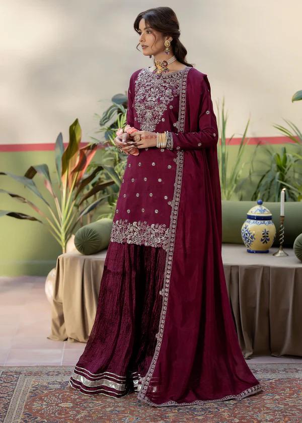 wine silk short shirt with crush  shahrara pants and duppata 3pc suit