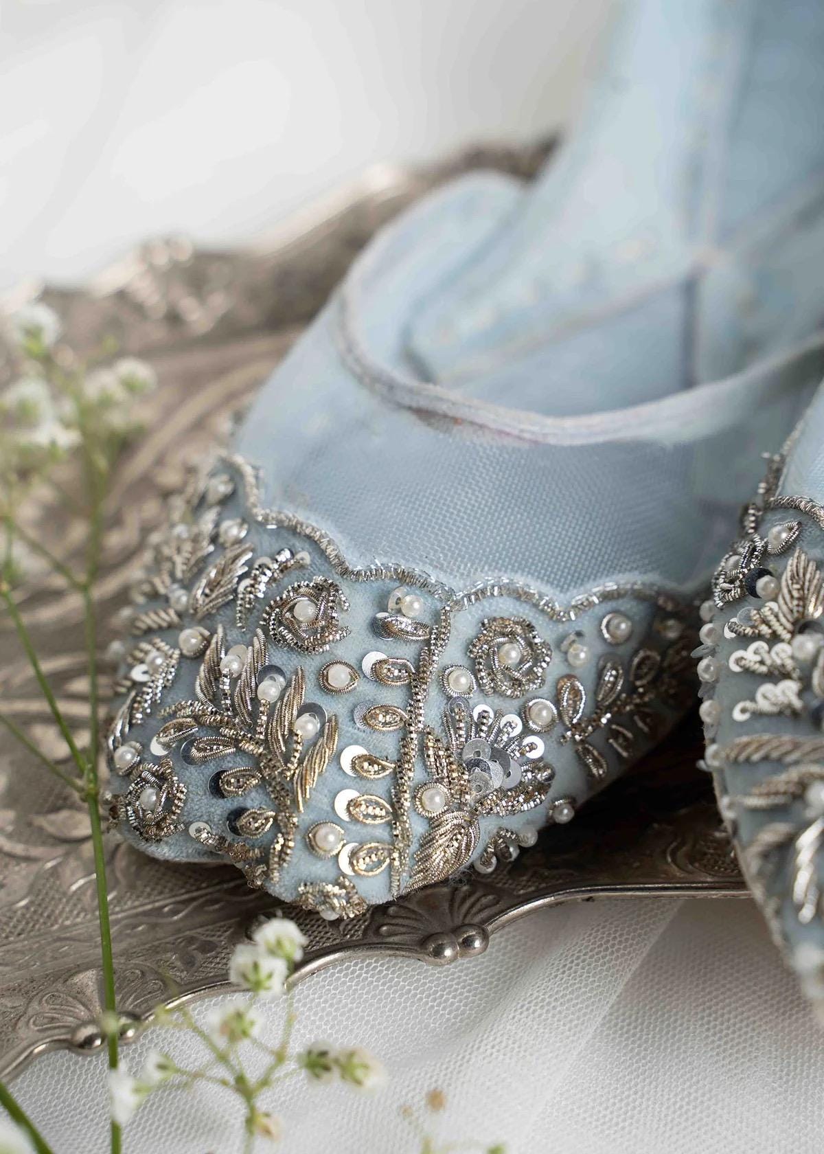 Snow Blue Bridal Jutti: Silver Mirror Embroidered Mojari Flats