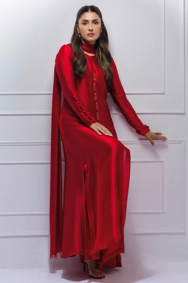 Cherry Red Silk Kameez Trouser Set, Pakistani Eid Dress