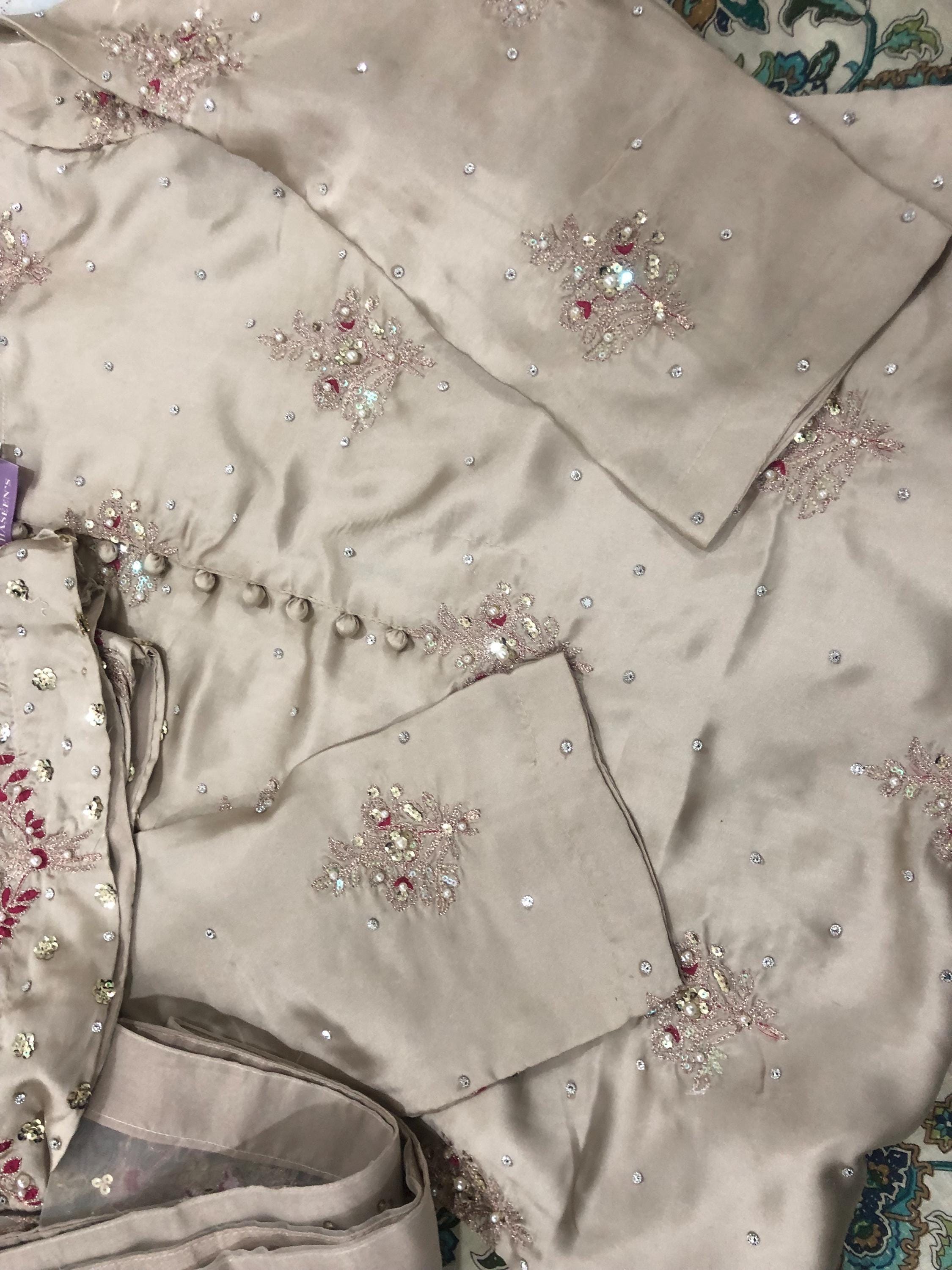 Kamdani Silk Punjabi Suit: Beige Short Kurta, Trouser & Dupatta